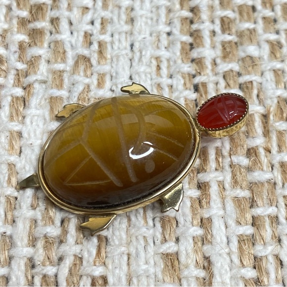 Vtg Brooch Turtle Signed 14k Gold Filled Bojar Scarabs Carved Terrapin Tiger Eye - Picture 3 of 9